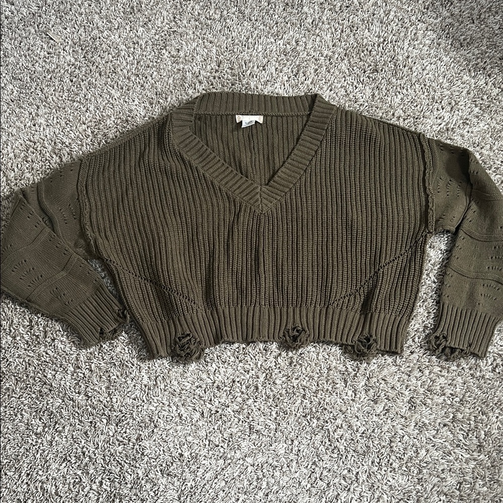 Altar'd State Khaki V-Neck Cropped Sweater